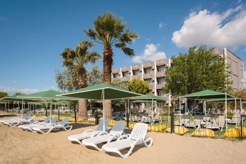 a group of lawn chairs and umbrellas on a beach at Aqua Nina Hotel in Burhaniye