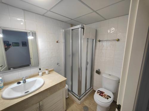 une salle de bain avec une douche, des toilettes et un lavabo dans l'établissement APARTAMENTO CERCA DE LA PLAYA CON PISCINA, à Fuengirola