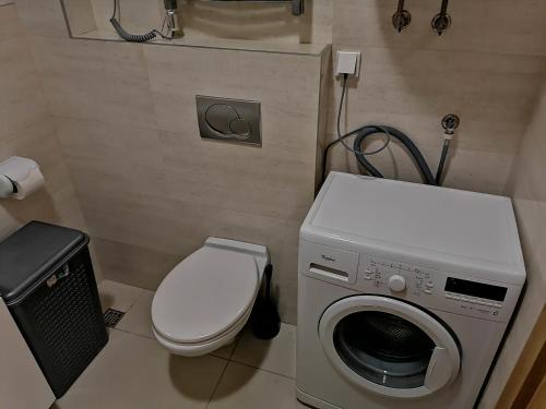 uma casa de banho com uma máquina de lavar roupa e um WC em Apartman Sara em Pržno