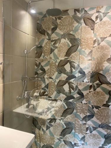 a bathroom with a shower with a glass wall at Charieta n.8 in Áno Korakiána