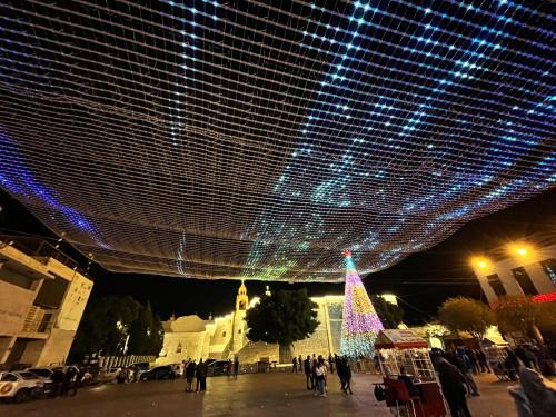 a christmas tree is lit up under a building at Bethlehem City Hostel in Bethlehem