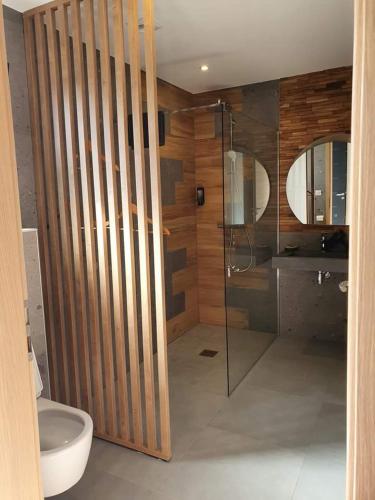 uma casa de banho com uma cabina de duche em vidro e um WC. em O complexe hebergement em Francourt