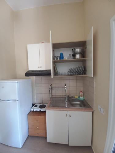 a small kitchen with a sink and a refrigerator at Arjana & Nelaj Apartments in Ksamil