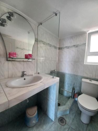 a bathroom with a sink and a toilet and a mirror at Arjana & Nelaj Apartments in Ksamil