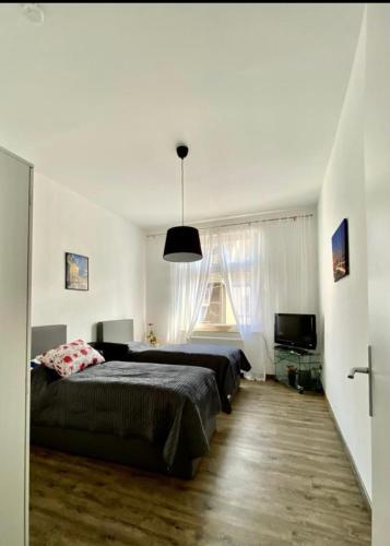 ein Schlafzimmer mit 2 Betten und einem TV in der Unterkunft Alles was man braucht, 1-Zimmer Wohnung in Dortmund