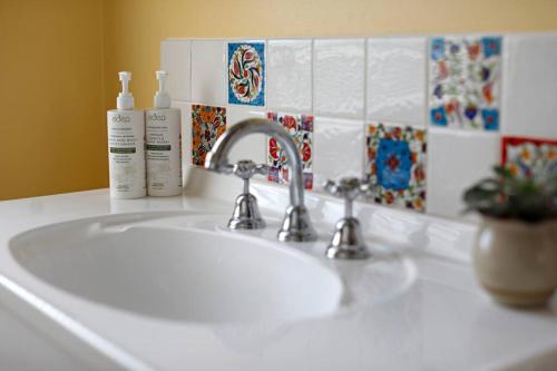 a white sink with two bottles ofodorizers on a counter at Stanley Beach House with Stunning Nut Views! in Stanley