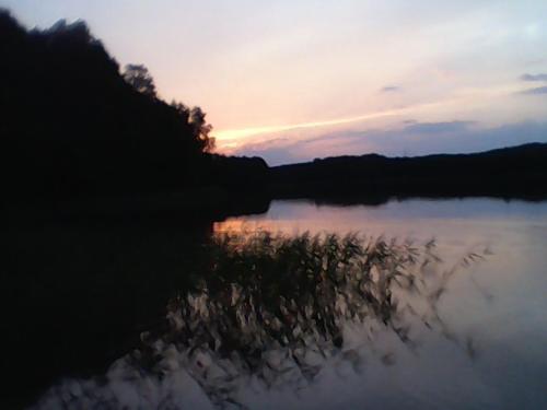 una puesta de sol sobre un cuerpo de agua con hierba en EAGLE BIWAK en Pozezdrze