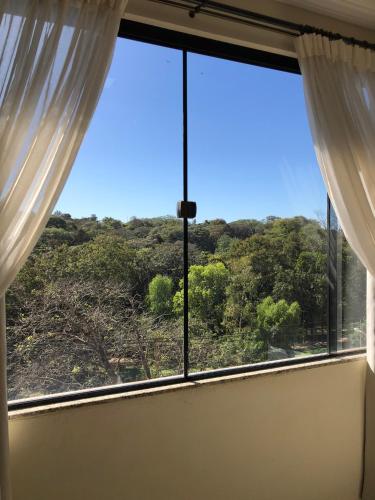 a room with a window with a view of trees at Hotel del Parque in Ciudad del Este