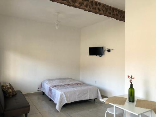 um quarto com uma cama e uma televisão na parede em Flat Boa Vista Beach em Paraty