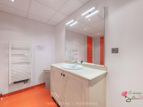 a bathroom with a sink and a mirror at Chalet cosy avec sauna, piscine bio, proche lac et ski à Gérardmer - FR-1-589-408 in Gérardmer