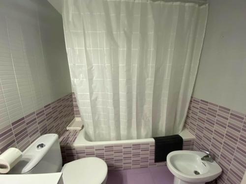 a bathroom with a toilet and a shower and a sink at Beautiful apartment in San Fernando near lake in San Fernando