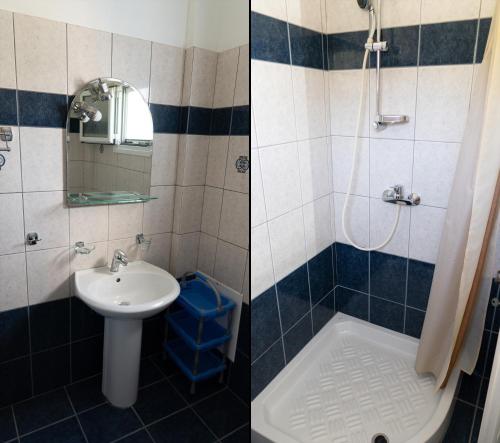 two pictures of a bathroom with a sink and a shower at Goldener Strand in Zakharo