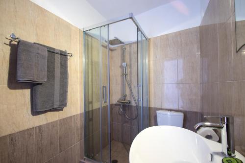 a bathroom with a shower with a toilet and a sink at D & E APARTMENTS in Skiathos Town