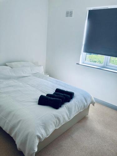 a white bed with two blue pillows on it at 1 Bedroom Apartment - Bedworth Nuneaton Coventry in Attleborough