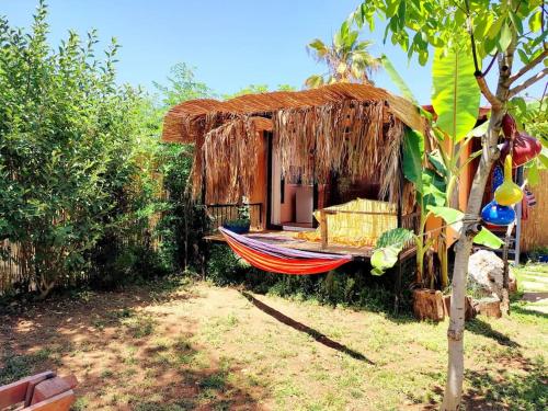 hamak przed małą chatą w obiekcie Tiny House Ceviz Kayaköy Jungle Camping w mieście Fethiye