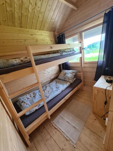 - pokój z łóżkami piętrowymi w małym domku w obiekcie Jesionowe Domki w mieście Zełwągi