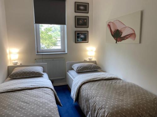 2 camas individuales en un dormitorio con ventana en Apartment No. 9 en Lucija