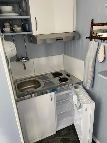 a small kitchen with a stove and an open refrigerator at Mysigt och centralt in Strömstad