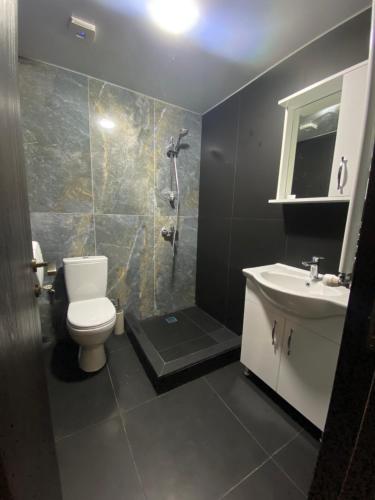 a bathroom with a shower and a toilet and a sink at StarHostel in Kutaisi