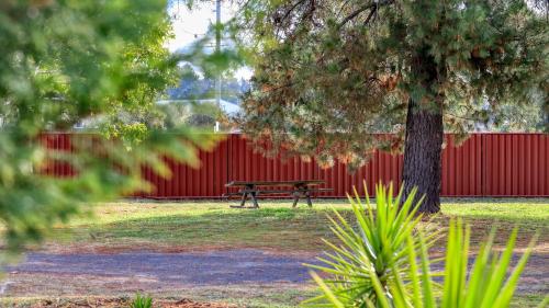 a park bench in front of a red fence at Silver Oaks Motel in Gilgandra