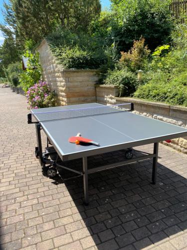 una mesa de ping pong con raqueta de ping pong en Gemütliche Ferienwohnung mit Pool bei Jena, en Kahla