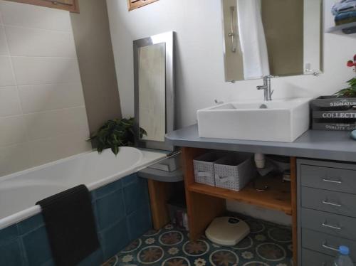 La salle de bains est pourvue d'un lavabo et d'une baignoire. dans l'établissement Tressan:La Calade, maison d'artiste, à Tressan