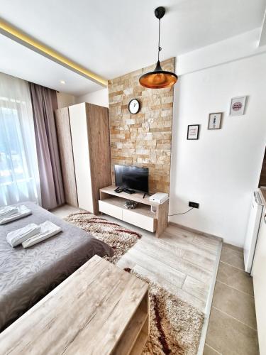 a bedroom with a bed and a tv and a table at Milmari S70 Kopaonik in Kopaonik