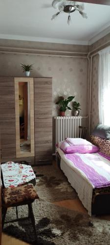 1 Schlafzimmer mit 2 Betten und einem Spiegel in der Unterkunft Vida vendégház in Hajdúszoboszló