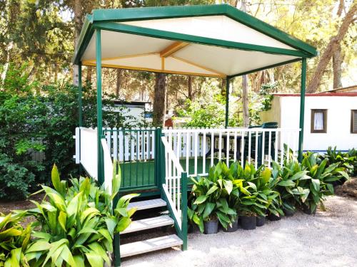 a gazebo with a gate and some plants at Camping Cases in Les Cases d'Alcanar