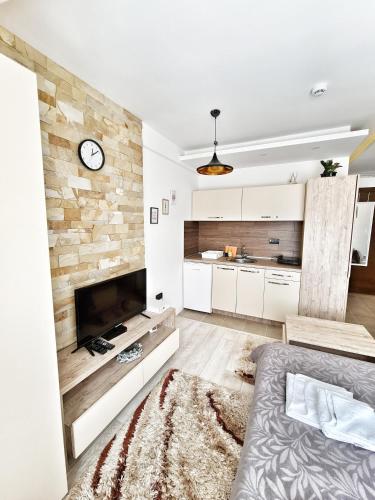 a bedroom with a large television and a bed at Milmari S70 Kopaonik in Kopaonik