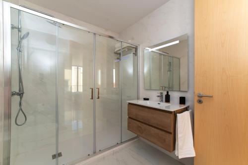 uma casa de banho com um chuveiro, um lavatório e um espelho. em Ria Sal apartments em Aveiro