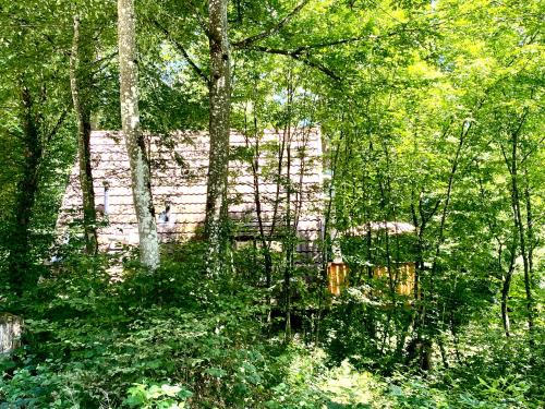 een stenen gebouw midden in een bos bij A- Frame huisje Ardennen in Durbuy