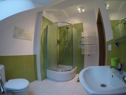 een badkamer met een douche, een toilet en een wastafel bij Skowerówka in Nowa Kiszewa