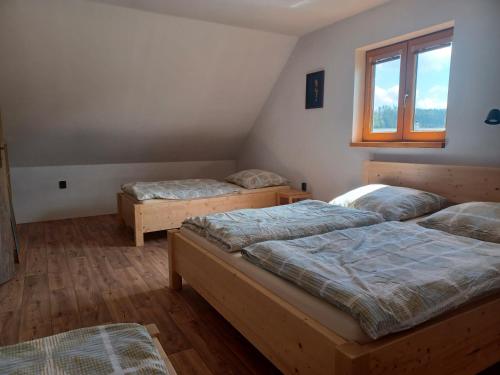 a room with two beds and a window at Chalupa Na blátě in Hoješín