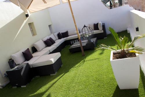 a living room with a couch and a plant at BEBIRGU PALAZZINO LUXURY 2 jacuzzi to share in Vittoriosa