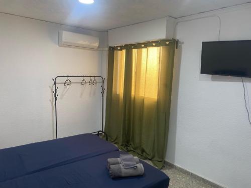 a room with a bed and a tv and a curtain at Apartamento Tirant lo Blanc in Torrent