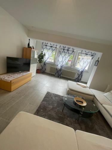 a living room with a couch and a table at Haus Annabell Diese Unterkunft steht Baufirmen nicht zur Verfügung in Bad Krozingen