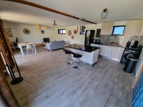 a large kitchen and living room with a table and chairs at La terrasse du Roubion in Montélimar