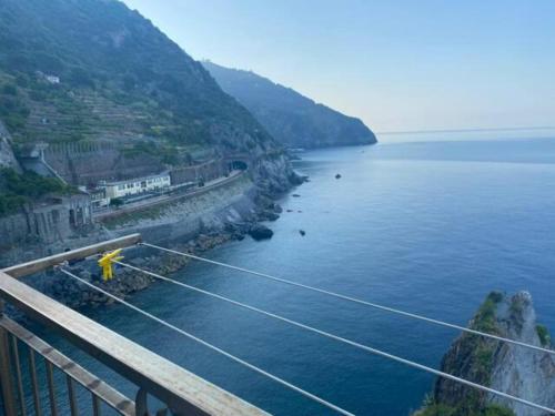 uma ponte de corda sobre uma grande massa de água em affittacamere nuova Vandiris em Manarola