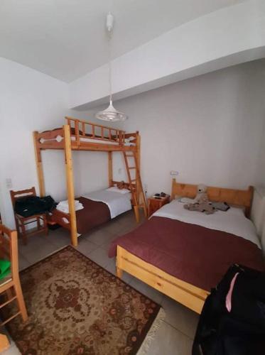 a bedroom with two bunk beds and a rug at Elatos in Loutra Ipatis