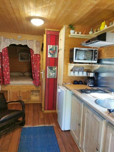 une petite cuisine avec un évier et un réfrigérateur dans l'établissement Roulotte HOPE-Le jardin de Mia, à Paradou
