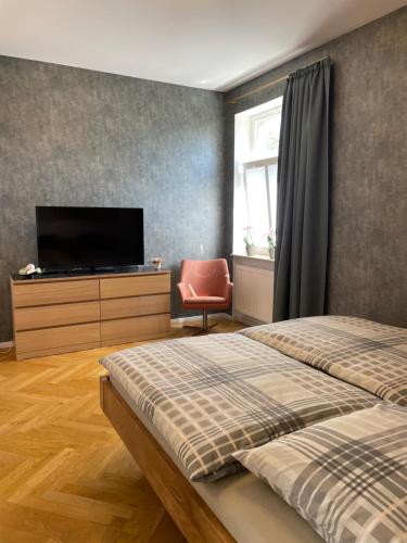1 dormitorio con 2 camas y TV de pantalla plana en Helle Terrassenwohnung in Traumlage von Dresden, en Dresden