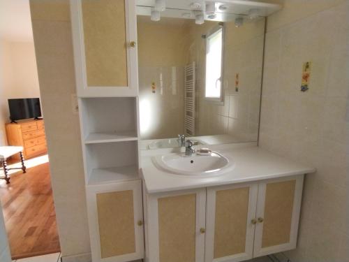 une salle de bain avec un lavabo et un miroir dans l'établissement Maison familiale jardin à 700m des plages Ty Nowen, à Trégunc