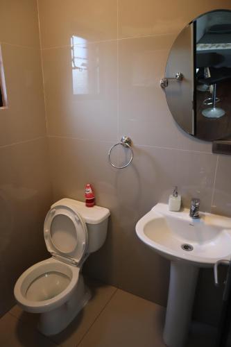 y baño con aseo y lavamanos. en Cabañas Habitainer BordeRio 2, en Concepción