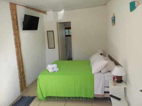 a bedroom with a green bed and a green table at Casa Colomba in Búzios