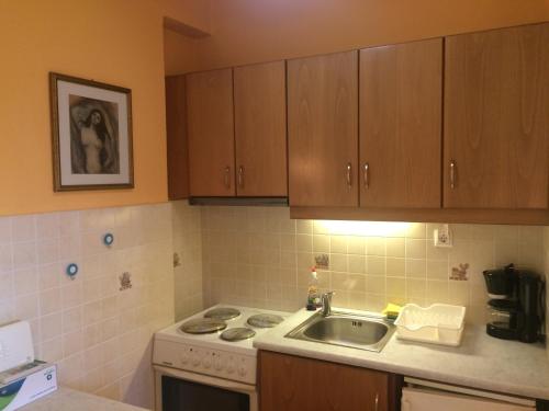 a kitchen with a sink and a stove and cabinets at Peaceful House in Naxos Chora