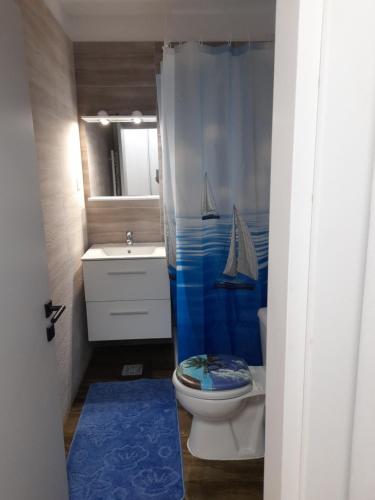 uma casa de banho com um WC, um lavatório e um chuveiro em Garsoniera Camy em Saturn