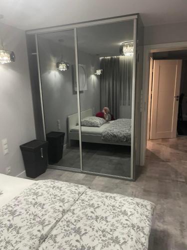 a bedroom with a mirror with a bed in it at APARTAMENT Poniatowa in Poniatowa
