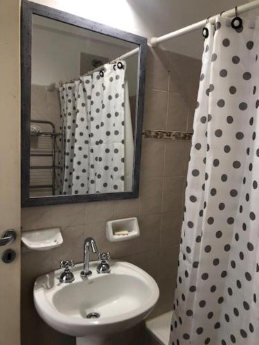 baño con lavabo y cortina de ducha en Departamento Confortable en Corrientes Capital en Corrientes