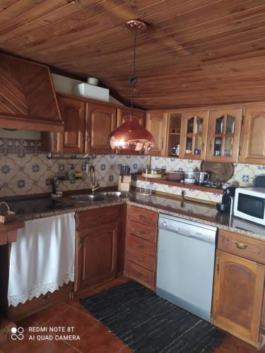a kitchen with wooden cabinets and a white dishwasher at ABRIGO DO CABECINHO - SERRA DA ESTRELA in Cortes do Meio